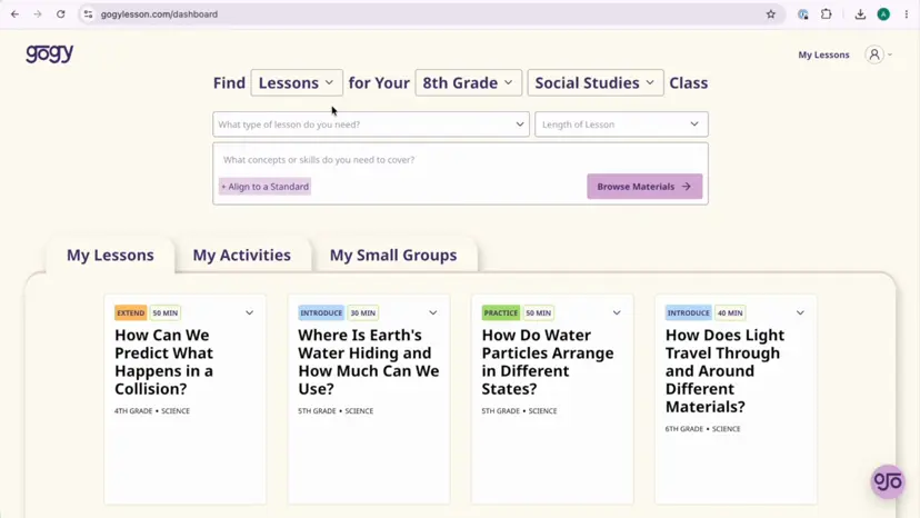 The Gogy lesson form being filled in and a lesson chosen