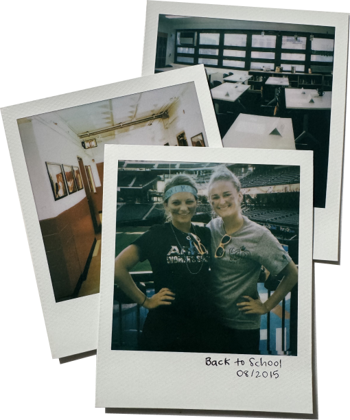 Three polaroids: two empty classrooms being set up, and the founders together at a Back to School event in August 2015